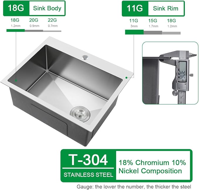 Kitchen Sink, 22 x 18 Inch Drop in Sink, 304 Stainless Steel Kitchen Sink, Centre-Offset Drain, 9" Deep Single Bowl, Topmount Installation, Brushed(Inclued Drain Strainer & Bottom Grid)