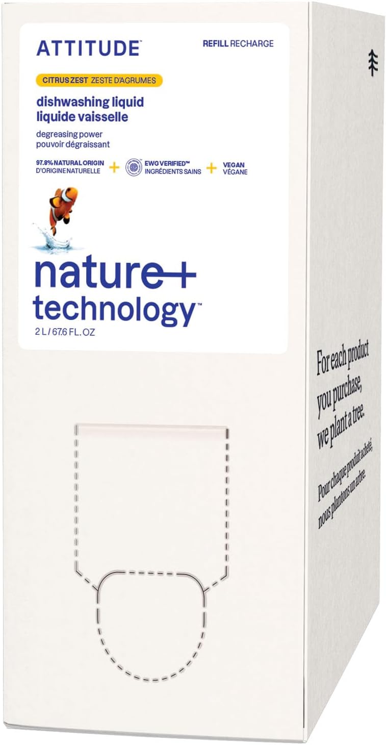 ATTITUDE Dish Soap Refill, EWG Verified, Plant-Based & Vegan Dishwashing Liquid, Naturally Derived, Citrus Zest Scent, 67.6 Fl Oz