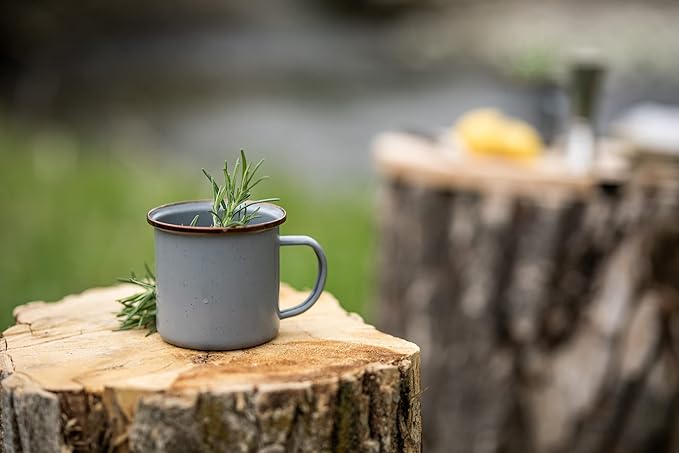 Barebones Enamel Cup Set- Enamel Coffee Mugs Set of 2 16-oz - Stainless Steel Rim Camping Mug for Indoor and Outdoor Use (Slate Gray)