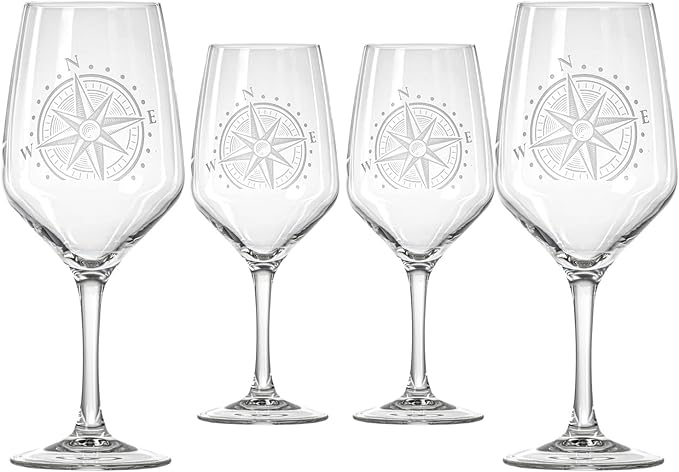 Rolf Glass Compass Star All Purpose Wine Glass | 19.5 Ounce Stemmed Wine Glass | Set of 4 Lead-Free Glassware | Nautical-Themed with Intricate Compass Star Design