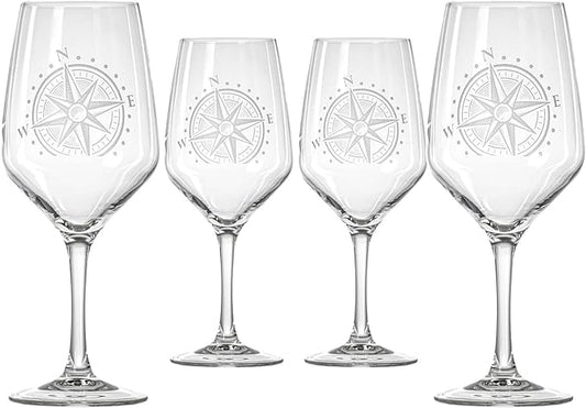 Rolf Glass Compass Star All Purpose Wine Glass | 19.5 Ounce Stemmed Wine Glass | Set of 4 Lead-Free Glassware | Nautical-Themed with Intricate Compass Star Design