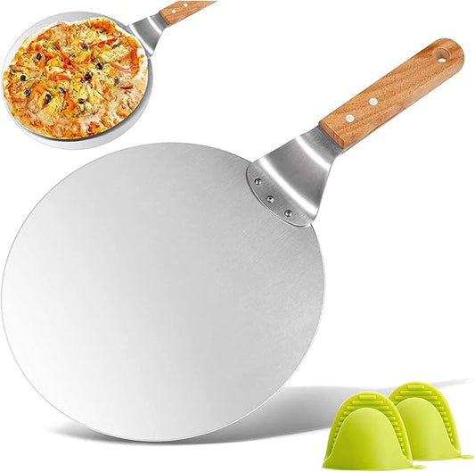 KSENDALO 10" Pizza Peel with Wooden Handle - Pizza Lifter & Stainless Steel Spatula for Baking, Serving Homemade Pizza, Cake and Pie | Non-Slip Pizza Server Tray