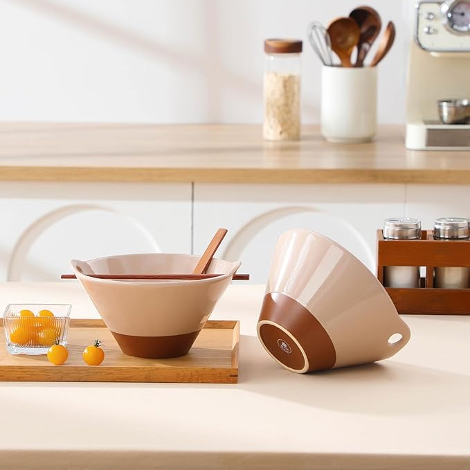 MALACASA 42 oz Ceramic Ramen Bowl Set with Wooden Spoon & Chopsticks, Japanese Style Soup Bowls for Ramen, Pho, Noodles – Set of 2, Microwave & Dishwasher Safe, Series TARA (Pink and Khaki)