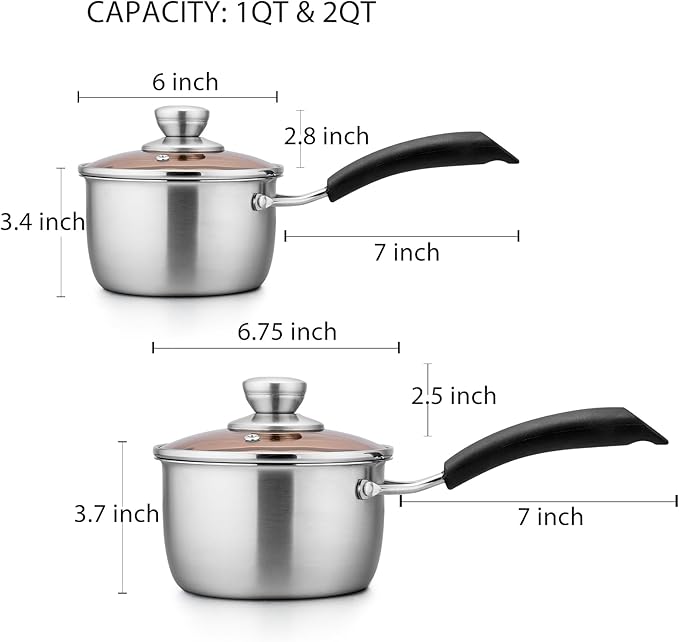 TeamFar 1qt & 2qt Saucepan with Lid, Stainless Steel Small Cooking Pot, Milk Sauce Pan with Long Handle for Home Kitchen, Non-Toxic & Heavy-Duty, Multi-use & Dishwasher Safe
