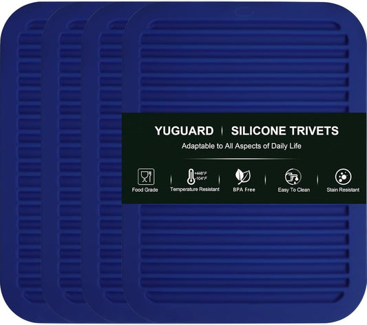 4 - Pack Multi - Purpose Silicone Mats | Heat Resistant Pot Holders for Kitchen | Non - Slip Hot Pads for Hot Pots, Pans & Quartz Countertops | Gray Kitchen Mats (Blue)