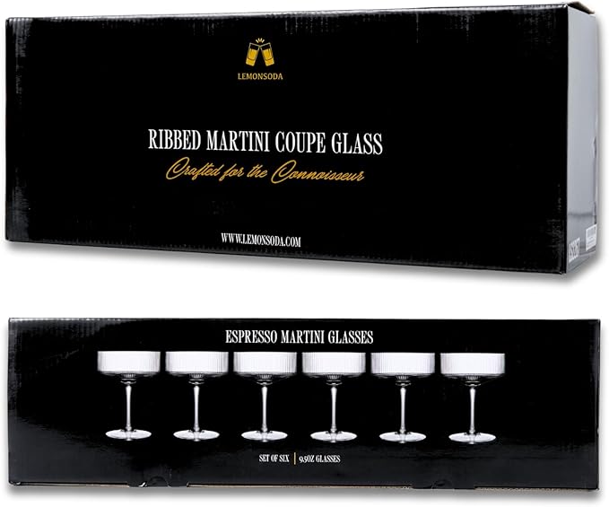LEMONSODA Clear & Ribbed Martini Coupe Glasses - Classic Barware for Espresso Martini, Manhattan, Cosmopolitan – Handcrafted Luxury Glassware for Home Entertaining (Ribbed 9.5oz, Set of 6)