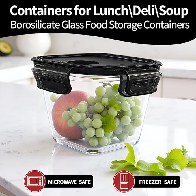 4 Cup Square Borosilicate Glass Food Storage Containers, 32oz Tall Glass Soup Containers with Lids, Large Square Meal Prep Bowl for Food, Salad, Lunch, Deli, Microwave, Freezer Saf (4Pack)