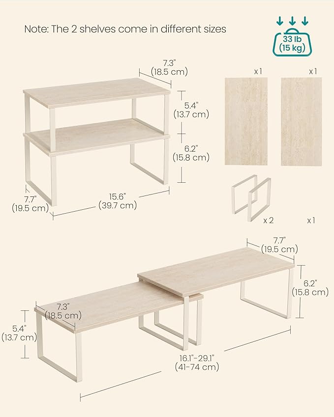 SONGMICS Cabinet Organizer Shelf, Set of 2 Kitchen Counter Shelves, Kitchen Storage, Spice Rack, Stackable, Expandable, Metal and Engineered Wood, Travertine Beige and Cream White UKCS025L01