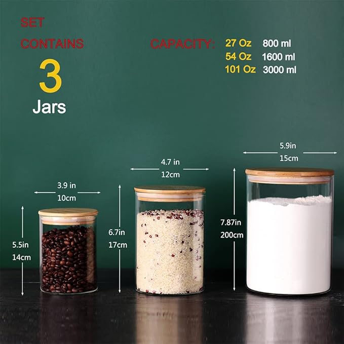 Glass Flour and Sugar Containers, Set of 3 Large Glass Flour Canister with Airtight Lids, Pantry Storage Containers for Suger, Rice, Salt (100 OZ/54 OZ/27 OZ)