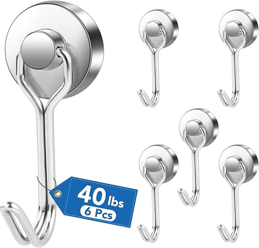 LOVIMAG Hooks, 40lbs+ Magnetic Magnet Hook 2025 Cruise Cabin Ship Essentials Heavy Duty Strong Refrigerator Fridge Hanging for Classroom Beach Vacation Kitchen Grills Home Mug Hanger (6 Pack), Silver