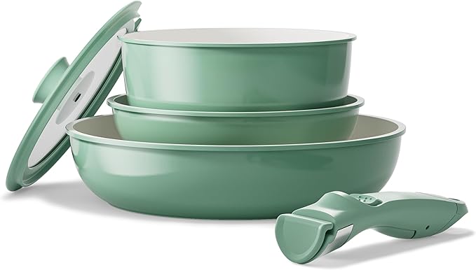 Redchef Pots and Pans Set Non Stick, Ceramic Cookware Set, Stackable Pots Pans, Non Toxic, PFAS/PFOA/PTFE Free, Induction Kitchen Cooking Set with Removable Handles, Dishwasher Safe, Green