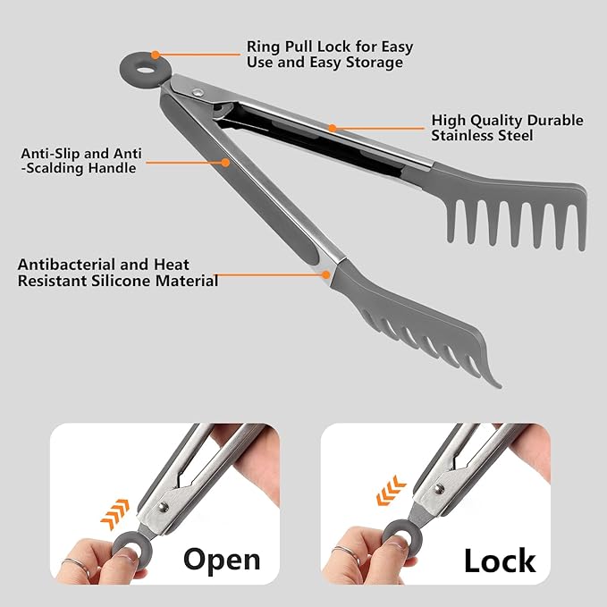 2 Pieces Spaghetti Spoon and Pasta Tong,Non-stick 13 Inch Silicone Spaghetti Fork and 9.8 Inch Stainless Steel Handle Spaghetti Tong Food Clip for Spaghetti Noodle (Grey)