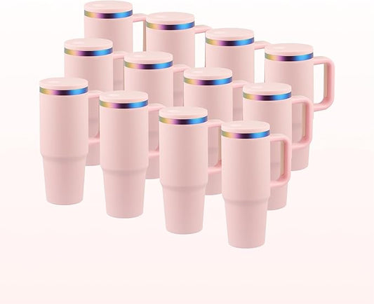 OMTech 30 oz. Tumblers with Handle & Lid, 12 Pack Tumbler Bulk with Double Wall Vacuum Insulation, Food-Grade Stainless Steel Insulated Coffee Mug, Sweatproof Travel Mug for Hot Cold Drinks, Pink