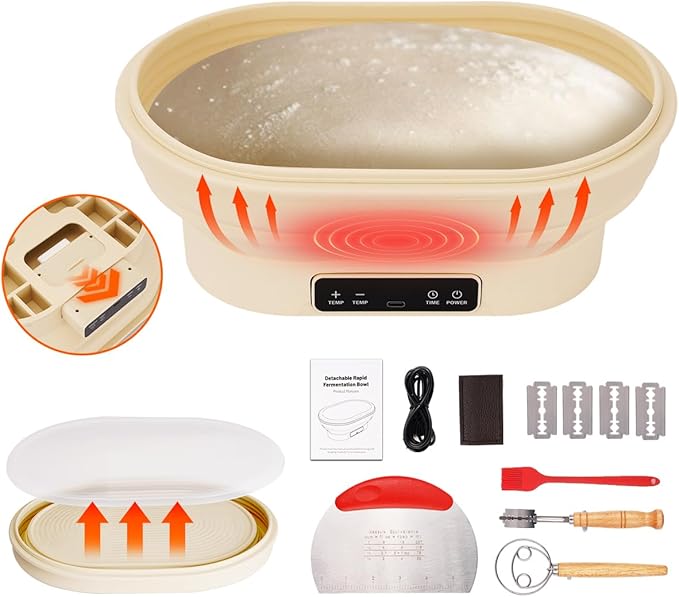 2L Heating Bread Proofing Basket Set Foldable Thermostatic Silicone Bowl with 77-122℉ 6 Gears Temperature & 6H Timer, for Artisan Baking Sourdough Starter Bread Making Supplies Tools Kit