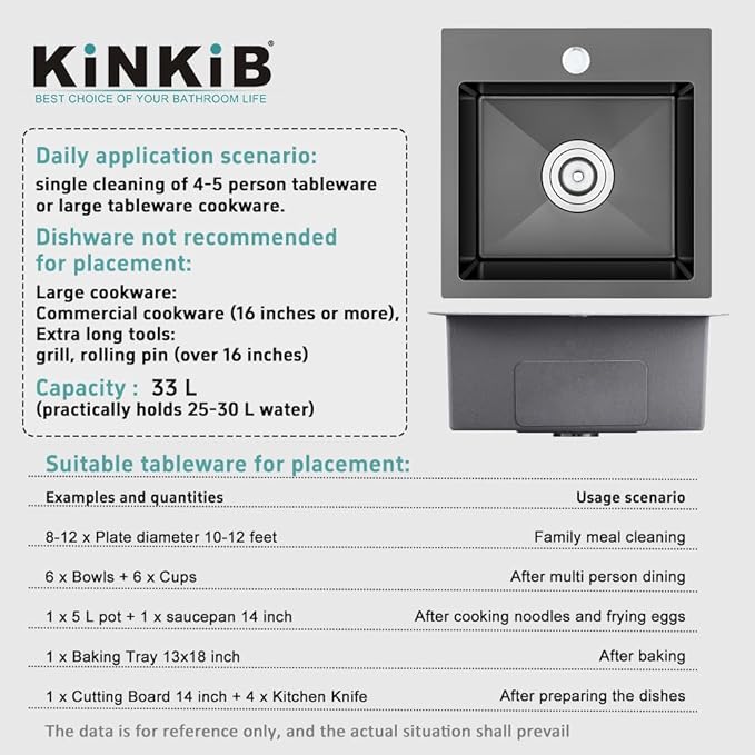 18 inch Drop-in Black Kitchen Sink, Topmount Small Kitchen Sink Single Bowl, Overmount 304 Stainless Steel Kitchen Bar Sink, 9-inch Deep Kichen Sink Handmade with Basket Strainer