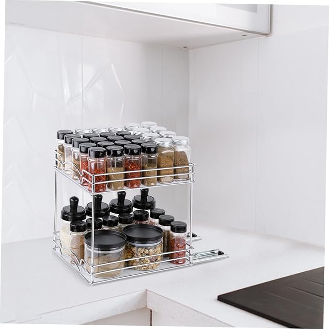 Healifty Heavy Duty Double Pull Out Spice Organizer Rack Slide Out Kitchen Countertop Storage Stand Metal Construction Space-saving Seasoning Holder for Cabinet and Home Use