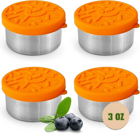 TAVVA 4 X 3 oz Food Storage Containers with Lids - Leakproof w/Silicone Lids - BPA Free - Dishwasher & Freezer Safe - Portable & Reusable - Small Stainless Steel Snack Cups Dressing Containers