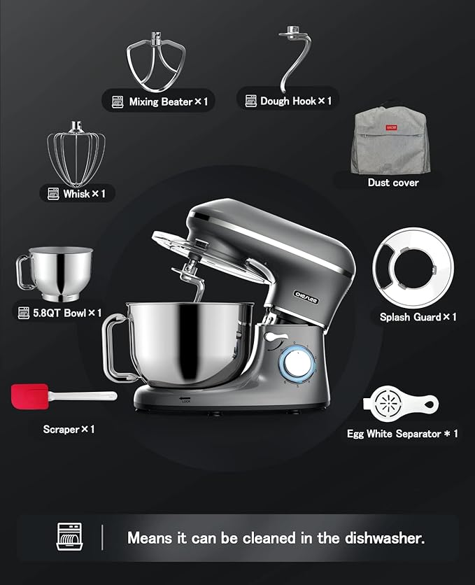 CHeflee Stand Mixer, 6.5 Quart Electric Mixer 6+P Speed 660W Tilt-Head Kitchen Food Mixers with Dough Hook, Mixing Beater, Whisk, & Splash Guard for Baking, Cake, Cookie, Kneading,Grey