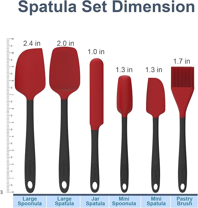 Silicone Spatula Set of 6, Food Grade, High Temperature Resistant, Dishwasher Safe, Suitable for Kitchen Baking, Cooking (Red)