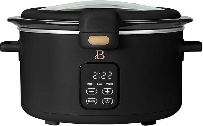 Beautiful 4-Qt Programmable Slow Cooker with Hinged Locking Lid & Touch Display – 3 Heat / 4 Timer Settings (Black Sesame)