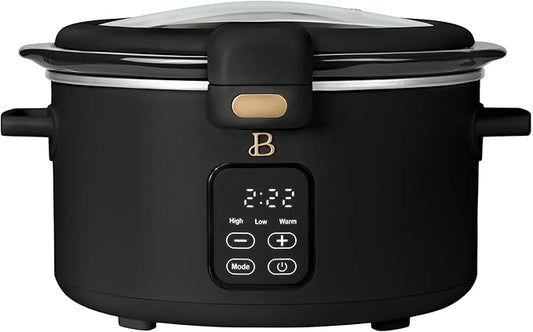 Beautiful 4-Qt Programmable Slow Cooker with Hinged Locking Lid & Touch Display – 3 Heat / 4 Timer Settings (Black Sesame)