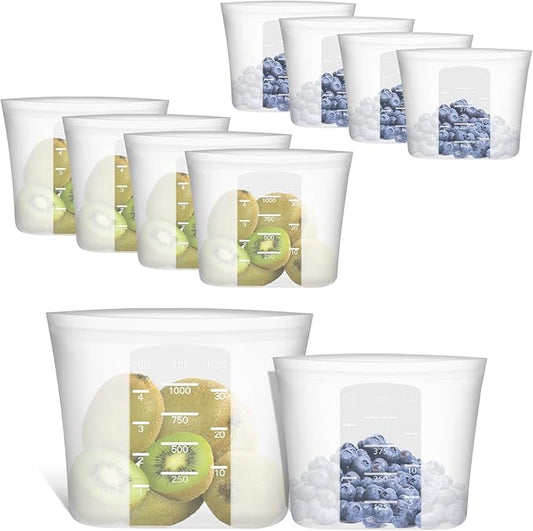 Reusable Sandwich & Snack Bags, 8 Pack 100% Silicone Stand Up Zip Lock Food Storage Bags for Food Container, Freezer Microwave Oven Dishwasher Safe, 4 Small 4 Extra Small, Translucent