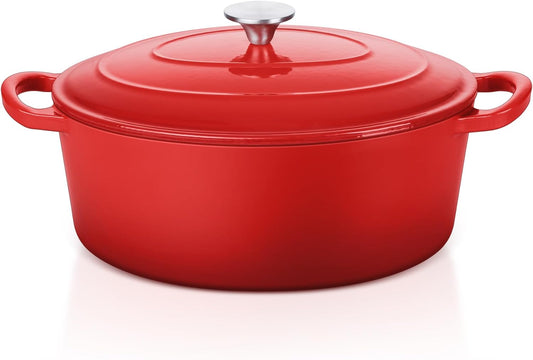 E-far 5QT Oval Dutch Oven Pot with Lid, Enameled Cast Iron Dutch Oven with Dual Handles for Sourdough Bread Baking Cooking, Nonstick Enamel Coated Cookware(Red), Non-Toxic & Easy Clean