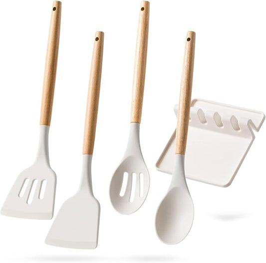Silicone Cooking Utensils Set with Wooden Handles, 4-Piece Spatula Set and Spoon Rest — Heat Resistant, Non-Stick Kitchen Utensils, Silicone Spoons for Cooking, Multi-Purpose Spatula Spoon