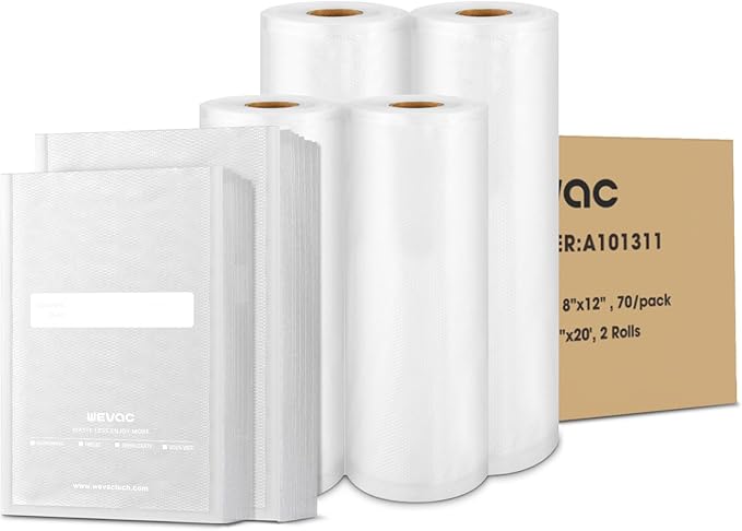 All-in-One Variety Pack Vacuum Sealer Bags & Rolls – 50x 6''x10'', 70x 8''x12'', 2 Rolls 11''x20', 2 Rolls 8''x20' – Premium Commercial-Grade for Food Storage, Meal Prep, & Sous Vide, Wevac
