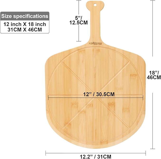 12 inch Bamboo Pizza Peel with 8 Slice Grooves, Double-Sided Use Pizza Cutting Board for Pizza, Bread, Cheese, Vegetable, Fruits (1 PCS)