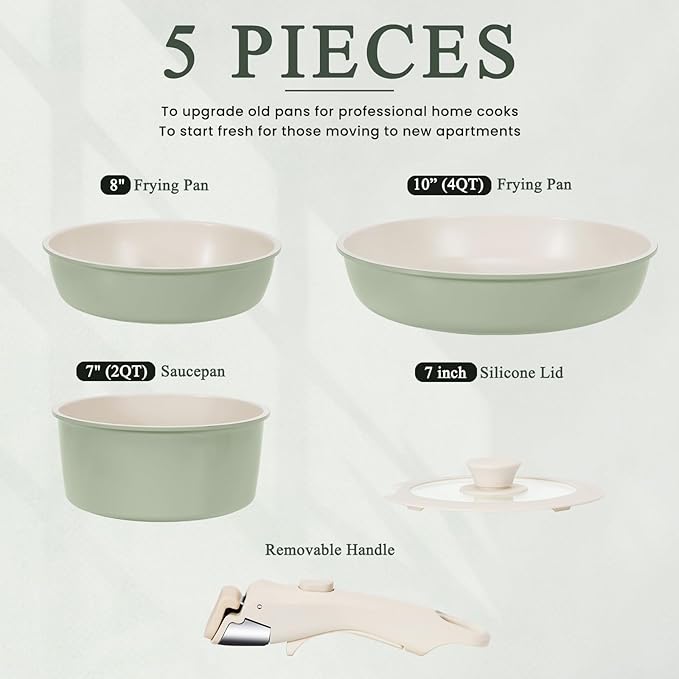 KIKCOIN Pots and Pans Set Nonstick, Ceramic Cookware Set Detachable Handle, Induction Kitchen Cookware Set with Removable Handle, Healthy Non Stick RV Cookware, Dishwasher ＆ Oven Safe, PFOA Free
