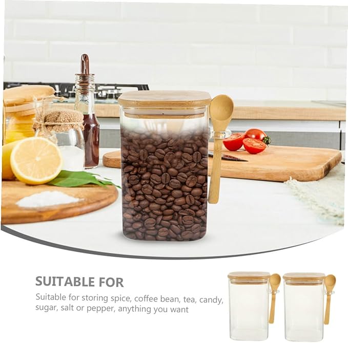 2 Sets Glass Food Storage Containers with Wood Lids and Spoons Airtight Sealed Clear Coffee Bean Holders and Tea Pots Easy Scoop Kitchen Pantry Jars for Freshness and Meal Prep