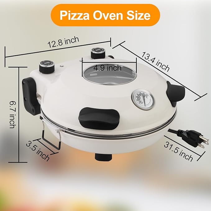 Pizza Oven Indoor, 12 Inch Retro Pizza Maker, Rapid Heating 800˚F, 1200W Glazed Ceramic Stone Electric Pizza Cooker, Two-button Precise Temperature Control, Viewing Window for Precise Cooking