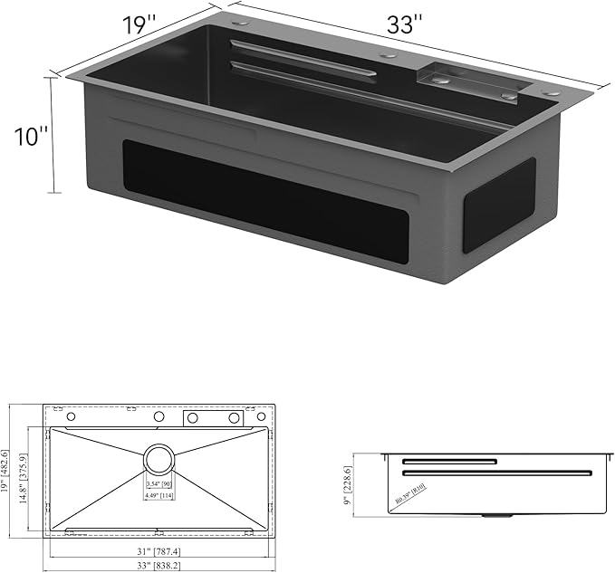 Lordear 33 Watefall Kitchen Sink Drop In - 33x19X9 Sink Stainless Steel 16 Gauge Single Bowl Multifunctional Workstation Sinks with Built-in Accessories,Glass Rinser and Faucet Included