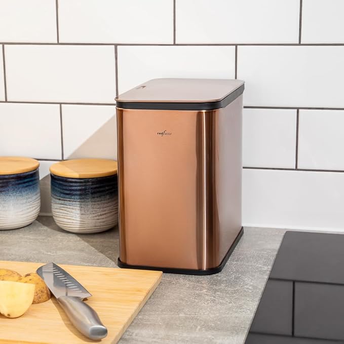 RedFactor Stainless Steel Hanging Trash Can with Lid and Inner Bucket – Slim 1.3 Gallon Odor-Free Compost Bin for Kitchen Cabinet, Countertop, Under Sink, or Bathroom (Copper)