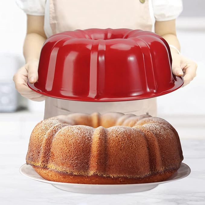 OAMCEG 2 Pack Bunte Cake Pan Nonstick - 10 Inches Fluted Tube Cake Pans for baking, 12 Cups Heavy Duty Carbon Steel Tube Pan Baking Mold for Buntelet, Bavarois, Brownie, Jello, Flan, Meatloaf (Red)