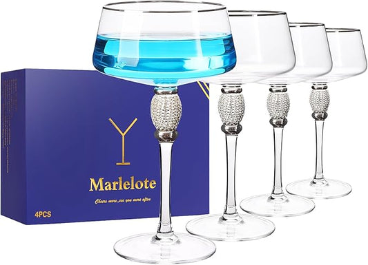 Silver Martini Glasses,Coupe Glass set of 4,Cocktail,Silver Rimmed&Rhinestones,Margarita,Cocktail,Scocktail Glass.Champagne Tower,Art Deco Glassware,Home Parties,9OZ.