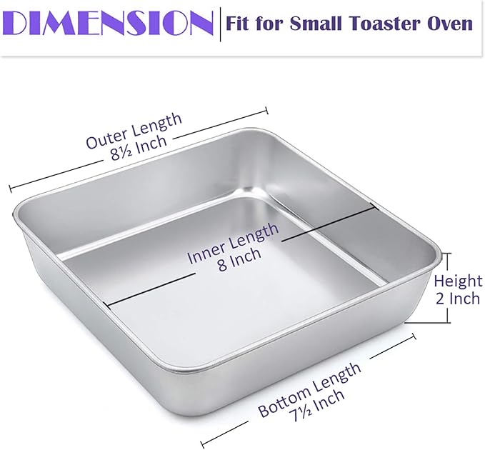 8 x 8-Inch Baking Pan, E-far Square Cake Brownie Baking Pans Stainless Steel Bakeware Set of 3, Fits in Small Toaster Oven, Non-toxic & Dishwasher Safe