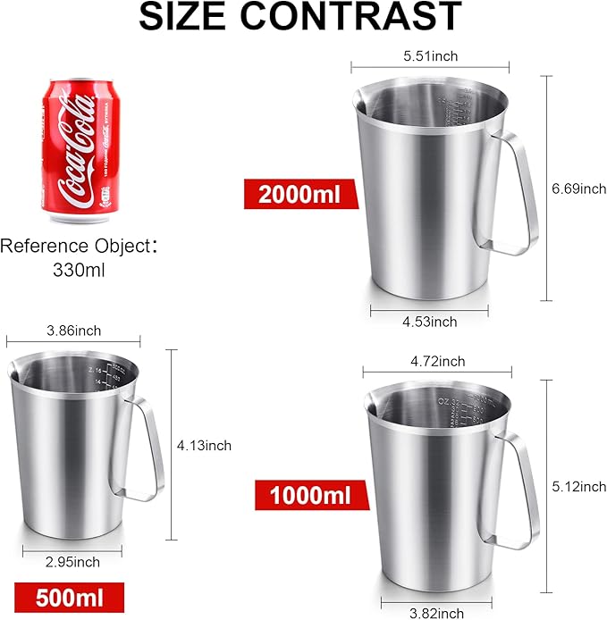 Flutesan 3 Pcs Stainless Steel Measuring Cups Measuring Pitcher with Handle with Markings for Latte Art, Water Pouring 2/4/8 Cup (16/32/64 oz)