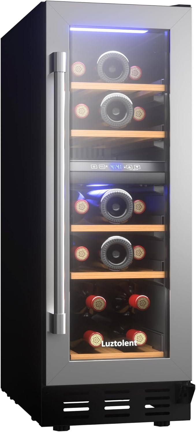 16-Bottle Wine Fridge, 12-Inch Compressor Cooler with Dual Zone, Built-in or Under Counter, 41-64F Digital Touchscreen, Triple-Layer Glass Wine Refrigerator for Home and Office