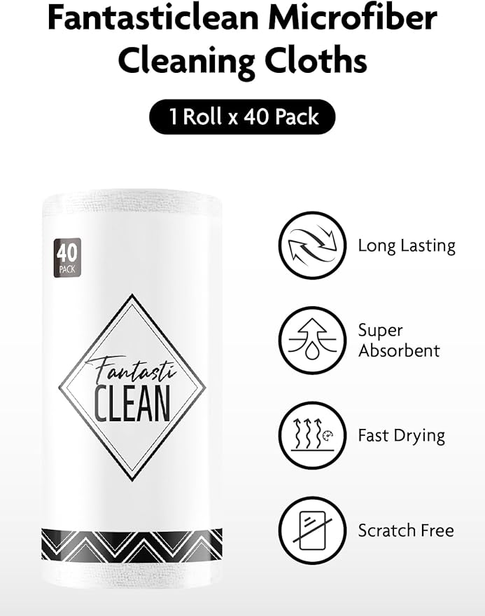 Fantasticlean Microfiber Cleaning Cloth Roll -40 Pack, Tear Away Microfiber Towels, 12" x 12", Reusable, Washable, Scratch Free, Ultra Absorbent Dishcloth for Car, Home Supplies, Pet, Kitchen (White)