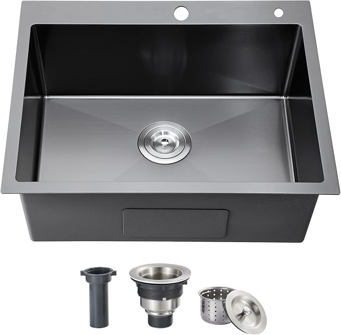 ROVOGO 24x18x9 in. Drop-in Kitchen Sink Black, 304 Stainless Steel Top Mount Handmade Sink Single Bowl with 2 Holes