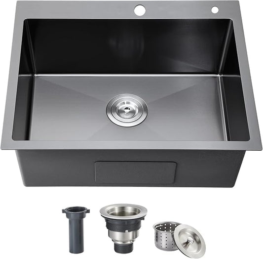ROVOGO 24x18x9 in. Drop-in Kitchen Sink Black, 304 Stainless Steel Top Mount Handmade Sink Single Bowl with 2 Holes