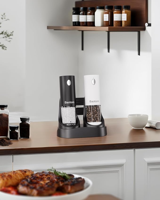 Electric Salt and Pepper Grinder Set with Dual Charging Base, 6 Adjustable Coarseness Levels & External Grind Settings, One-handed Operation Salt and Pepper Mills with LED Light,Black & White