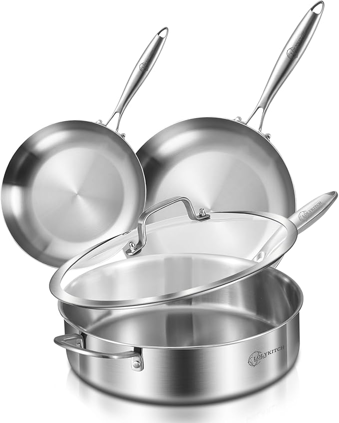 LOLYKITCH 8-10 Inch Tri-ply Stainless Steel Fry Pans and 6 QT Sauté Pan with Lid,Induction Cookware Set,Dishwasher and Oven Safe,Detachable Handle