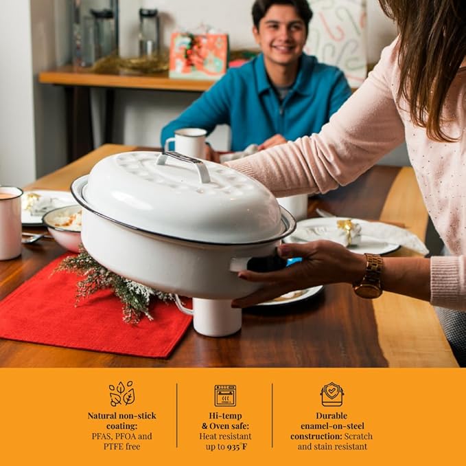 Granite Ware 15 inch oval roaster with Lid (Speckled White) enameled steel design to accommodate up to 10 lb poultry/roast. Resists up to 932°F