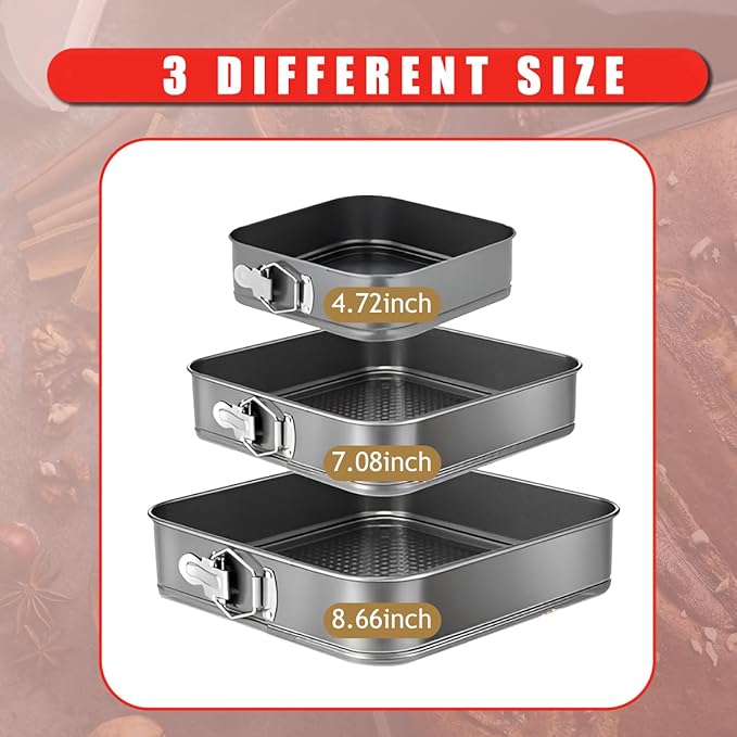 Square Springform Cake Pan 9.5inch,10inch,11inch, Set of 3 non stick leakproof cake baking pans with removable bottom