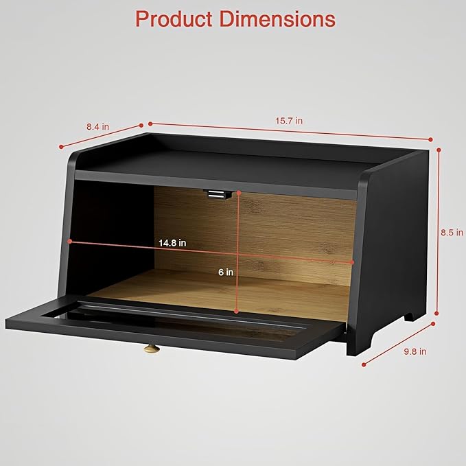 Black Bread Box for Kitchen Countertop, Vintage Wooden Counter Breadbox, Homemade Bread Storage Container for Sourdough Loaf, Small Farmhouse Corner Kitchen Countertop Organizer for Cabinet