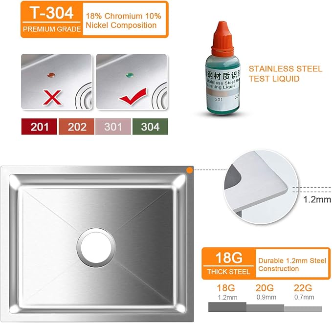 ROVATE 19.6 inch Kitchen or Bar Sink 304 Stainless Steel Undermount Single Bowl, Handmade Small Wet Bar Sink