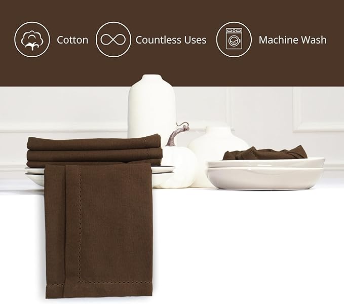 PurpleEssences Set of 12 Hemstitch Cloth Dinner Napkins 100% Cotton - Soft Durable Washable - Ideal for Wedding Christmas Holiday Winter - Perfect Everyday Use Table Linen 18x18 - Nut Brown